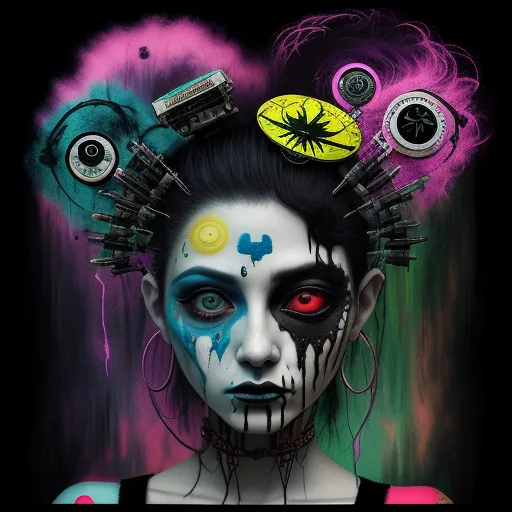 a woman with makeup and hair accessories on her head and eyes painted in bright colors and black, with a black background, by Patrice Murciano