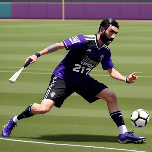 4k hd photo converter - a man in a soccer uniform kicking a soccer ball on a field with a purple and white uniform on, by Diego Velázquez