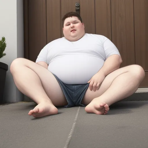 ai image generator text - a fat man sitting on the ground in front of a door with his legs crossed and his shirt tucked over his stomach, by Baiōken Eishun