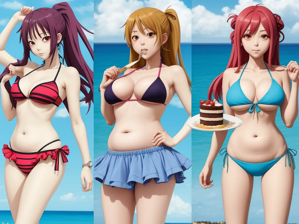 three cartoon women in bikinis and one in a bikini with a cake on a plate and one in a bikini, by Hiromu Arakawa
