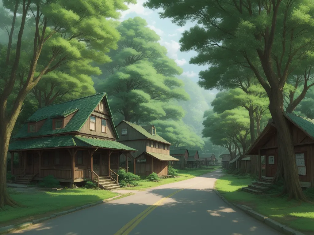 a painting of a street with houses and trees in the background and a green roof line on the street, by Makoto Shinkai