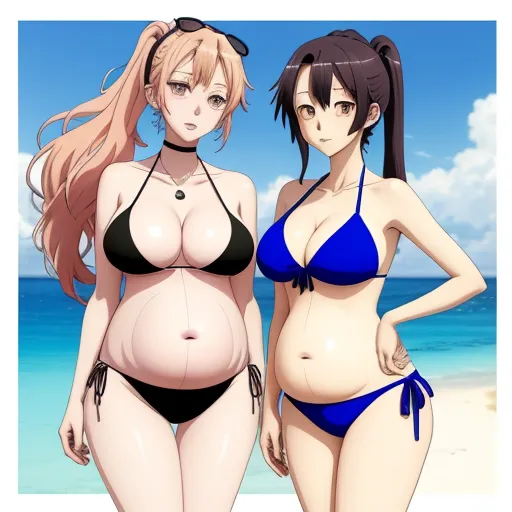 free high resolution images - two women in bikinis standing on a beach next to the ocean, one of them is pregnant and the other is not, by Hiromu Arakawa