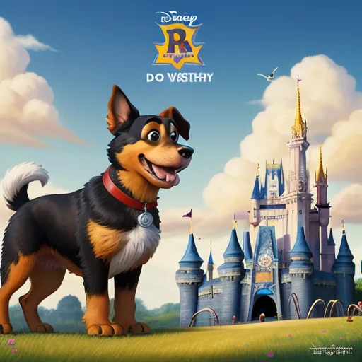 a cartoon dog standing in front of a castle with a castle in the background and a dog in the foreground, by Pixar