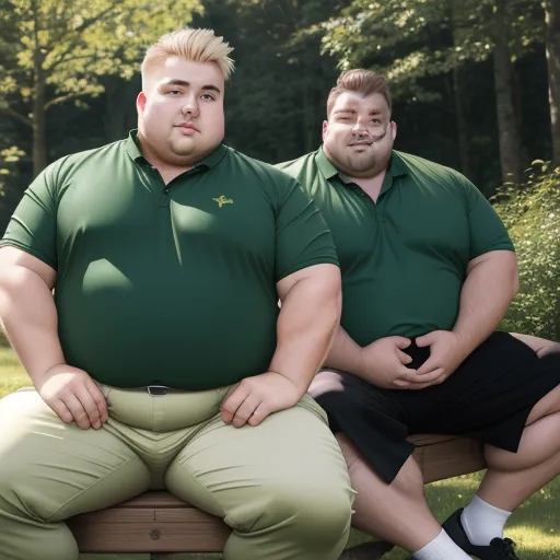 free high resolution images - two fat men sitting on a bench in a park, one is wearing a green shirt and the other is a black shirt, by Botero