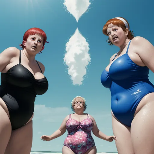 three women in swimsuits standing in front of a large sand dollar sign on the beach with a sky background, by Alex Prager