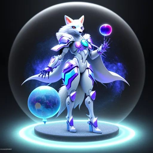 a cat in a futuristic suit holding a ball and a sword in its paws, standing in front of a sphere, by Sailor Moon