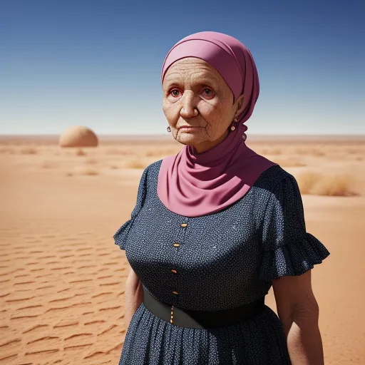 low quality picture - a woman in a blue dress and a pink head scarf stands in the desert with a blue sky in the background, by Mike Winkelmann (Beeple)