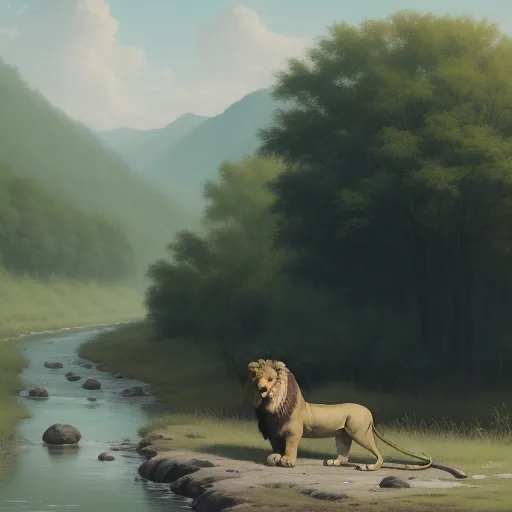 a painting of a lion standing on a rock next to a river with a mountain in the background and a stream running through it, by NHK Animation