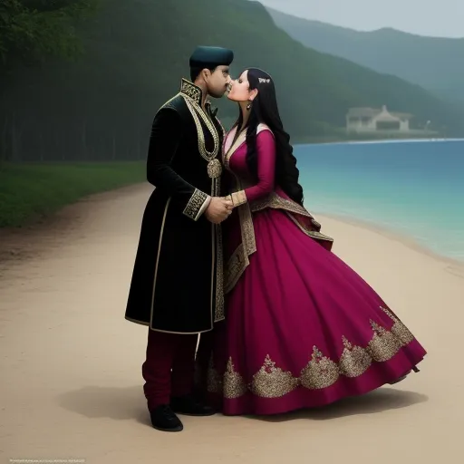 ai image enhancer - a man and woman in a long dress kissing on the beach with mountains in the background and a body of water in the foreground, by Kent Monkman