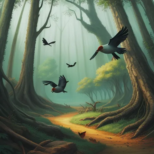 convert image to text ai - a painting of a forest with birds flying over a dirt path and a dirt path leading to a forest with trees, by Richard Doyle