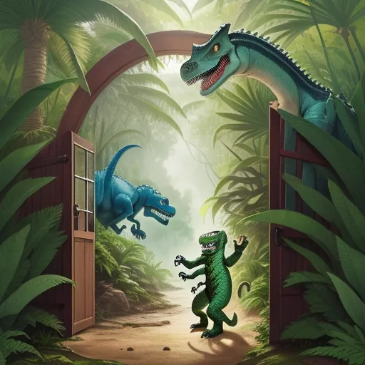 4k resolution picture converter - a dinosaur and a t - rex fight in a jungle scene with a doorway leading to a jungle - like entrance, by Andy Fairhurst
