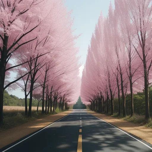 photo coverter - a road lined with trees with pink flowers on them and a blue sky in the background with a few clouds, by Filip Hodas
