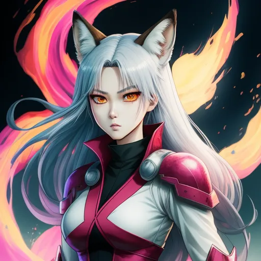 4k resolution photo converter - a woman with long white hair and a cat ears costume is standing in front of a fire background with a pink and orange tail, by theCHAMBA