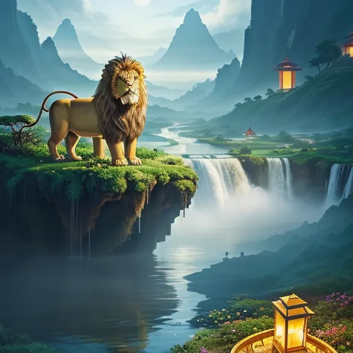 a lion standing on a cliff with a waterfall in the background and a lantern in the foreground with a mountain range in the background, by Marianne North