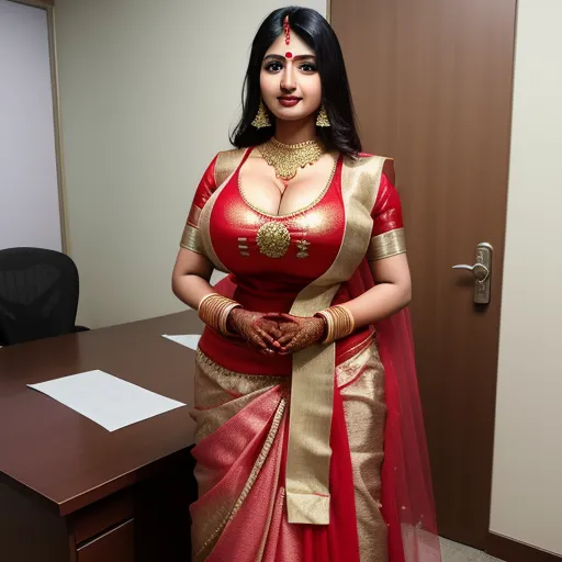 enhance image quality - a woman in a red and gold sari standing in front of a desk with a brown door and a brown chair, by Hendrik van Steenwijk I