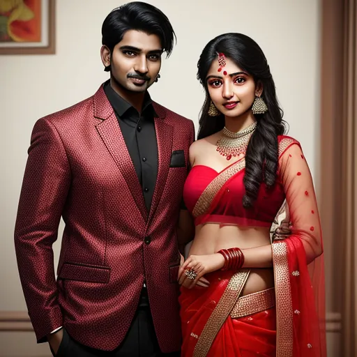 a man and a woman dressed in red posing for a picture together in a red suit and red saree, by Hendrik van Steenwijk I