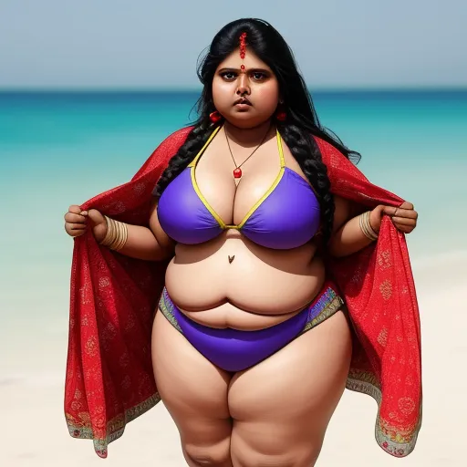 4k hd photo converter - a woman in a bikini standing on a beach with a red shawl around her shoulders and a blue bikini top, by Botero