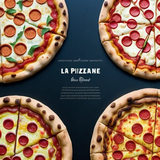 four pizzas with different toppings on them on a table with a black background and a white text box, by Antoine Wiertz