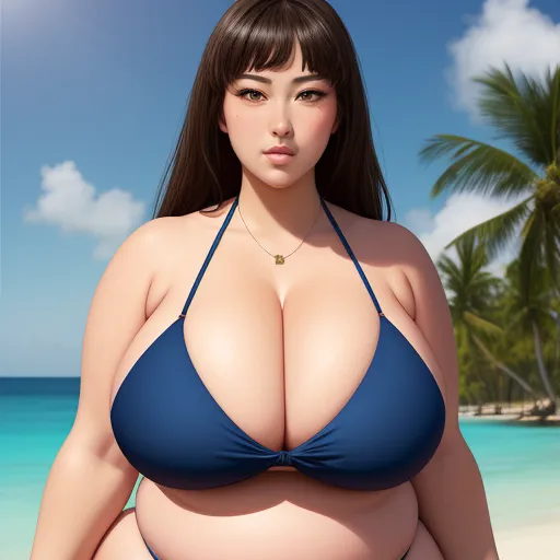 ai image enhancer - a woman in a bikini standing on a beach with palm trees in the background and a blue sky with clouds, by Terada Katsuya