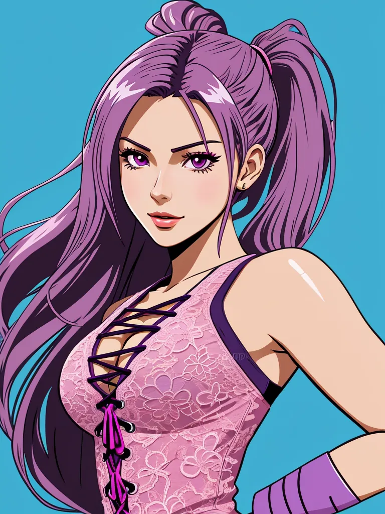 ai text image generator - a woman with purple hair and a pink top on a blue background with a pink background and a pink background, by Hirohiko Araki