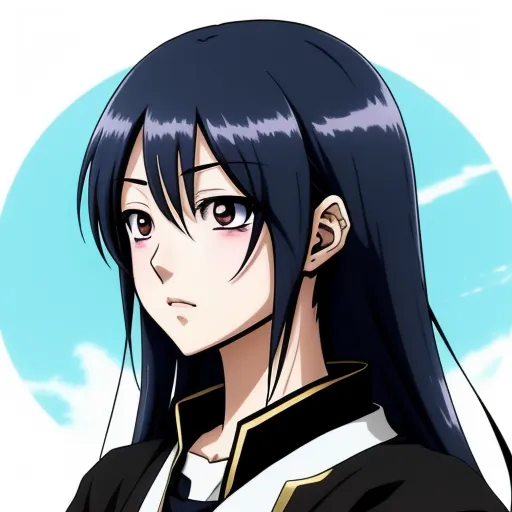 ai image generator from text online - a anime character with long black hair and a black and white outfit with a blue sky in the background, by Hanabusa Itchō