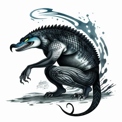 a drawing of a godzilla with a yellow eye on it's face and a tail, with a black body and a white body with a blue body and black body with a white background, by Alison Kinnaird