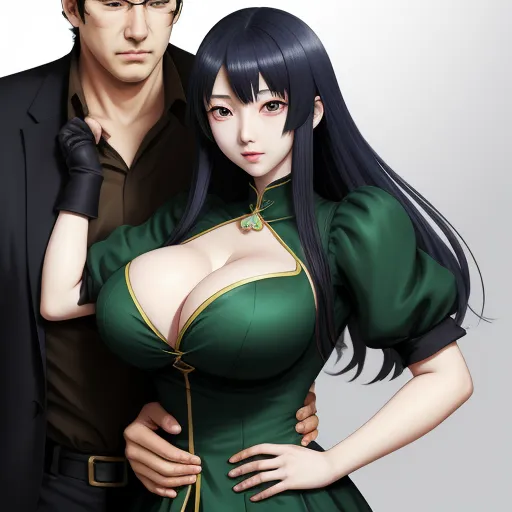 word to image generator ai - a man and a woman in green outfits posing for a picture together, with one woman wearing a green dress, by NHK Animation
