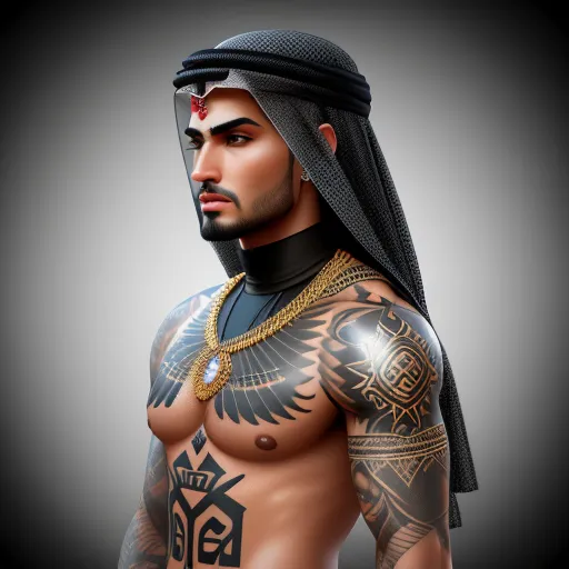 convert photo to 4k online - a man with a tattoo on his chest and a headdress on his head and chest, wearing a black headdress, by Pixar Concept Artists