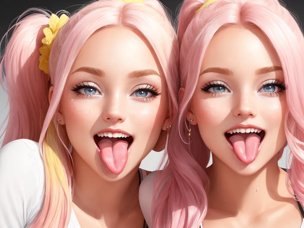 images hd free - two women with pink hair and blue eyes making funny faces with their tongues open and their tongues out to the side, by Daniela Uhlig