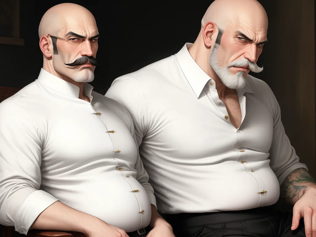 two bald men sitting next to each other in a room with a mirror on the wall and one man with a mustache, by Lois van Baarle