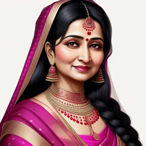 4k picture resolution converter - a woman in a pink sari with a braid and a veil on her head and a smile on her face, by Raja Ravi Varma