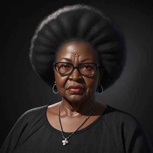 increase resolution of image - a woman with a large afro and glasses on her face, wearing a necklace and a black shirt, with a black background, by Kehinde Wiley
