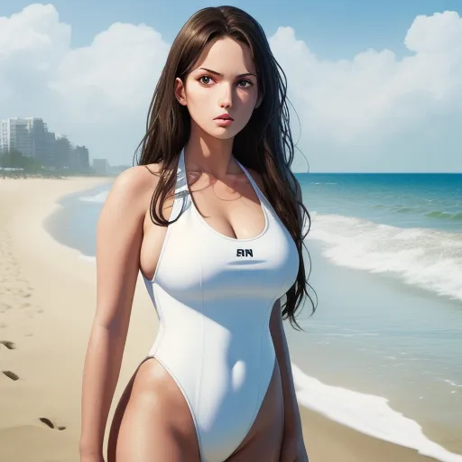 a woman in a white swimsuit standing on a beach next to the ocean and buildings in the background, by Terada Katsuya
