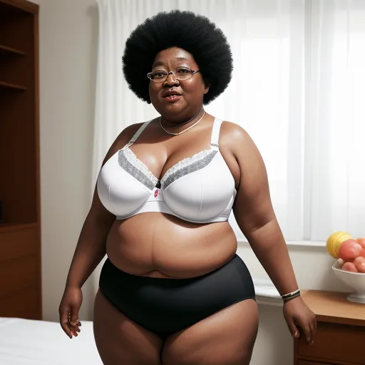 low resolution images - a woman in a white bra and black panties standing in a bedroom with a window behind her and a bowl of fruit on the bed, by Mickalene Thomas