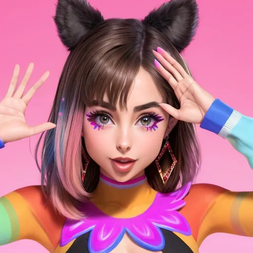 4k quality converter photo - a girl with a cat ears and a pink background with her hands up to her head and her eyes closed, by Hikari Shimoda