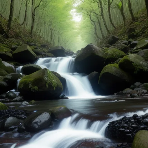 increase resolution of photo - a stream running through a lush green forest filled with rocks and trees, with a waterfall running down the side of the stream, by Yoshiyuki Tomino