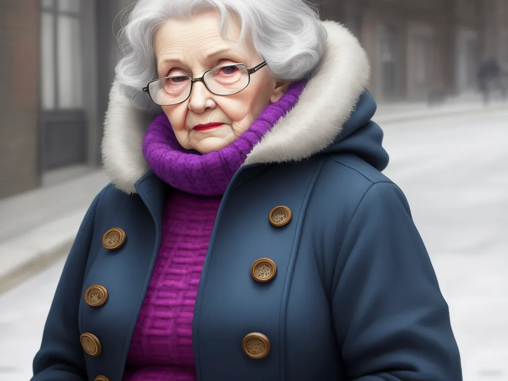text to image ai generator - a woman in a blue coat and purple scarf is standing in the snow with a purple scarf around her neck, by Lois van Baarle