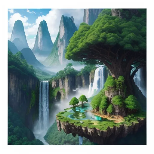 ai text image generator - a painting of a waterfall and a tree in the middle of a mountain range with a waterfall in the middle of the picture, by Evgeni Gordiets
