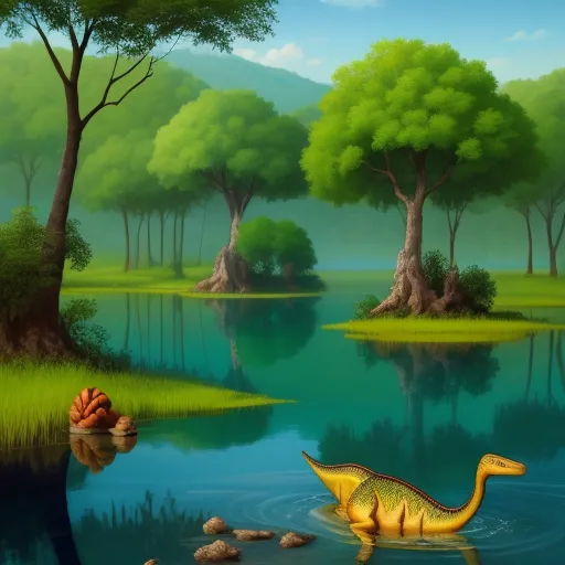 text-to-image ai generator - a painting of a dinosaur in a pond with trees and rocks in the background, and a pond with rocks and water, by Mary Anning