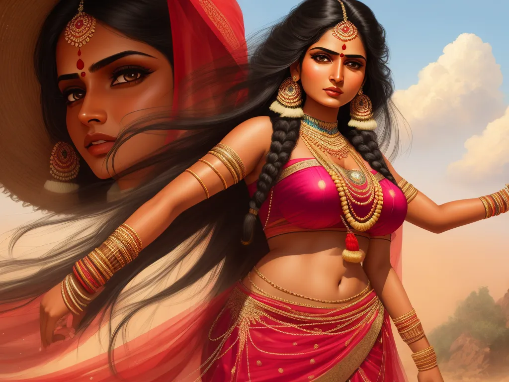 a painting of a woman in a red sari and a hat with her arms outstretched and her head tilted, by Lois van Baarle