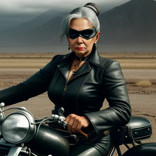 a woman in a leather outfit on a motorcycle in the desert with mountains in the background and clouds in the sky, by Kent Monkman