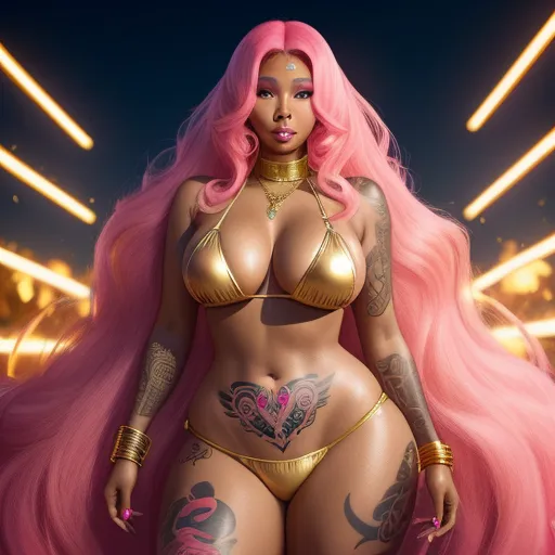 image quality lower - a woman with pink hair and tattoos on her body and a pink wig and a gold bikini top and gold chains, by David LaChapelle