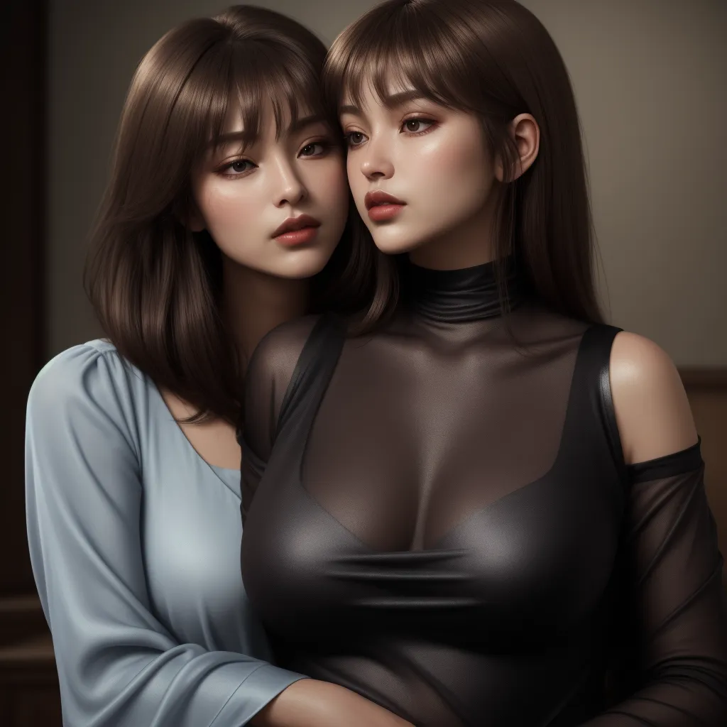 high resolution image - two women in black and grey outfits posing for a picture together, one of them is wearing a sheer top, by Terada Katsuya