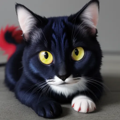 image sharpener - a black cat with yellow eyes laying on the floor with a red feather on its tail and a black and white cat with yellow eyes, by Hayao Miyazaki