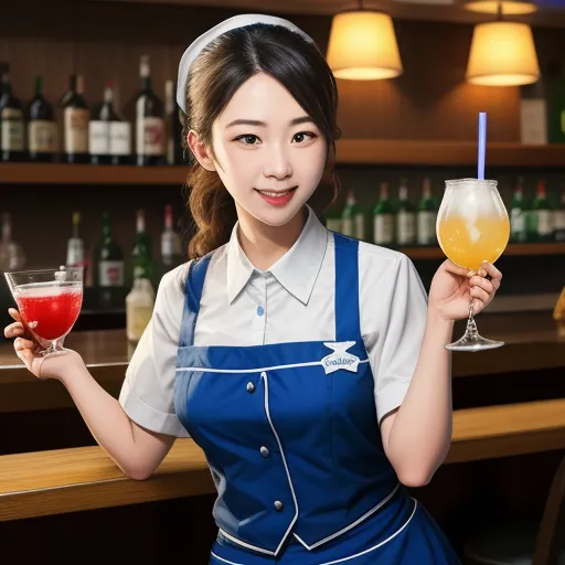 free text to image generator - a woman in a blue apron holding a glass of wine and a drink in her hand with a straw in her hand, by Liu Ye