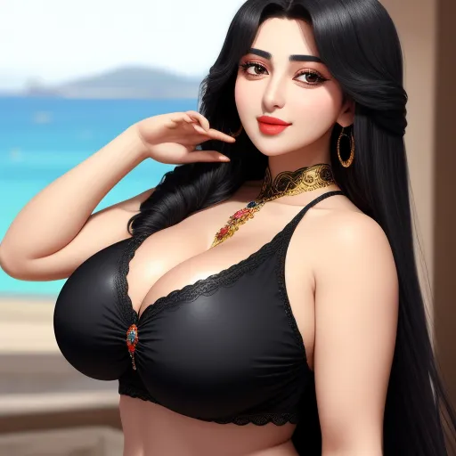 ai-generated images - a woman in a black bra top posing for a picture with a beach in the background and a blue sky, by Chen Daofu