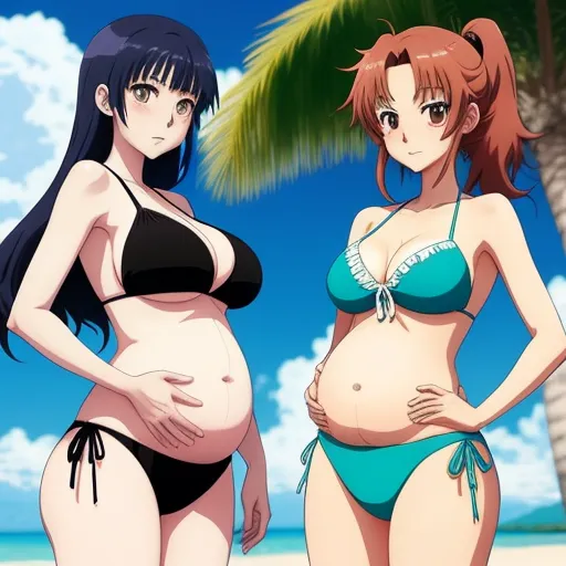 ai upscaler - two women in bikinis standing on a beach next to a palm tree and a blue sky background with clouds, by Toei Animations