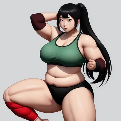 a woman in a green top and black shorts posing for a picture with her arm up and her leg up, by Rumiko Takahashi