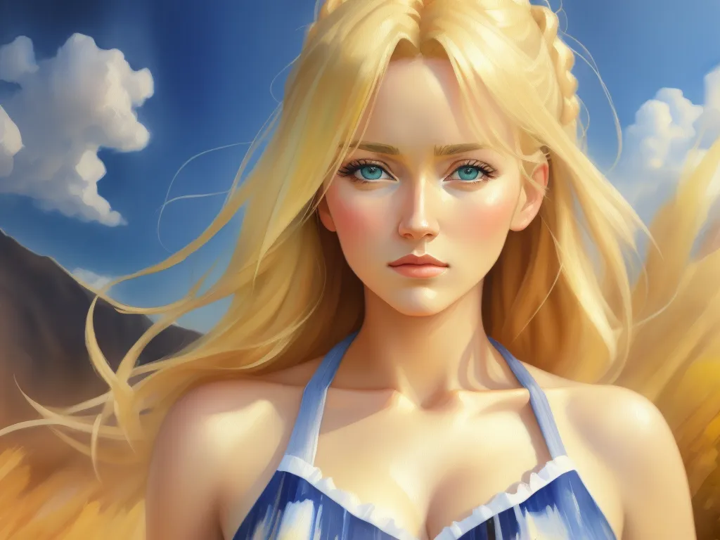 a painting of a blonde haired woman with blue eyes and a blue dress with a sky background and clouds, by Daniela Uhlig