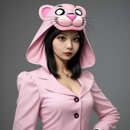 increase resolution of image - a woman in a pink suit and a pink cat hat with a hood on her head and a cat's head on her head, by Terada Katsuya